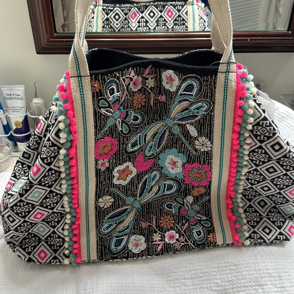 RARE NWT America and Beyond Dragonfly Embellished Beach Tote Beaded Sequins